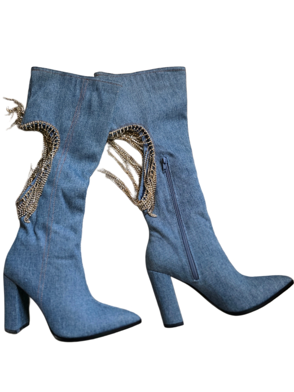 NWOT DK Denim Blue High Heel Mid-Calf Boots with Heart Chain Fringe